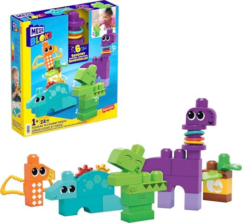 MEGA First Builders HKN43 - BLOKS Sensorisches Spielzeug für Kleinkinder, Dinos aus Bauklötzen, T-Rex, Brontosaurus, Pterodactylus und Stegosaurus, Konstruktionsspielzeug für Kleinkinder ab 1 Jahr