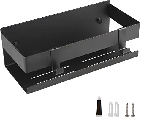 EXLECO 23CM Duschablage Ohne Bohren Duschregal Wand Edelstahl Badregal mit 2 beweglichen Haken Duschkorb Selbstklebende Badezimmer Regal Badezimmer Aufbewahrung für Shampoo und Duschgel Schwarz