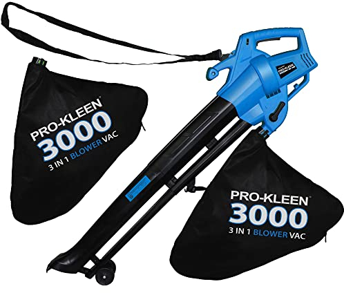Pro-Kleen Garden Leaf Blower And Vacuum, 3000W, Shreds, Mulches, 10m Power Cable, UK Plug, 2 x 35L Large Collection Bags, 10:1 Mulching Shredding Ratio, Lightweight