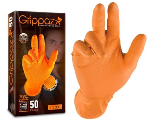 GUANTES GRIPPAZ DE NITRILO SIN SILICONA Naranjas, Talla XXL – 50 GUANTES