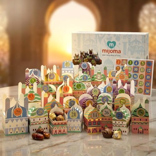 Calendrier du Ramadan à remplir - 30 boîtes cadeaux colorées pour le bricolage - 30 boîtes pliantes avec impression dorée à décorer - Calendrier du Ramadan et autocollants numérotés - Eid Moubarak -
