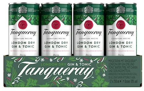 Tanqueray London Dry Gin & Tonic, Erfrischendes Sommer-Mixgetränk,10% Vol | Tanqueray London Dry Gin & Tonic,10% Vol, 12 Dosen x 250 ml (EINWEG), Trinkfertiges Getränk für unterwegs & gesellige Anlässe