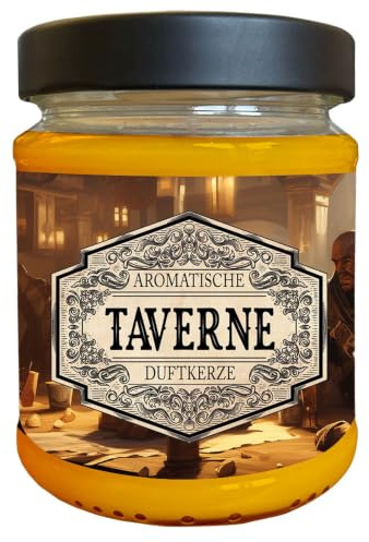 Rollenspiel Duftkerze Taverne mit verstecktem D20-Würfel - Handgemacht in Deutschland, (Neue Größe) 240ml, ca. 40 Stunden Brenndauer