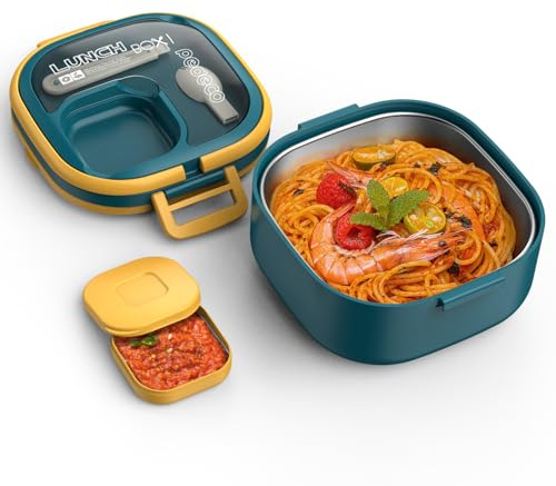 PEDECO Single-Layer Bento Lunch Box for Kids & Adults with Removable Stainless Steel Lunch Container,Dressing Container,BPA-Free,Dishwasher Safe - Includes Utensil(Blue,Non-Insulated)