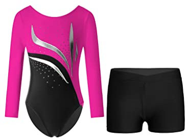 HULIJA Barn- och flickor, gymnastikdräkt, långärmad gymnastikbody + shorts, glitter, gymnastikdräkt med strass, gymnastik, balettkläder, Mörk rosa och svart, 146-152