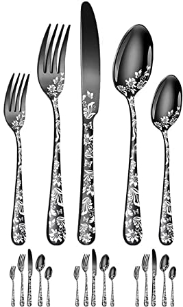 caapmony Set di da tavola in acciaio per 4 persone, nere con coltello, forchetta, cucchiaio, da, coltelli da bistecca, lavabili in lavastoviglie