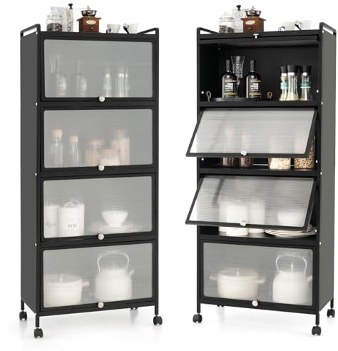 GIANTEX Küchenschrank Vorratsschrank Küche, Küchenregal Stehend auf Rollen, Küchenkommode Küchen Regal 5 Ebenen mit Aufklappbaren PC-Türen, Standregal Hochschrank mit Kippschutz, 60x32x154 cm