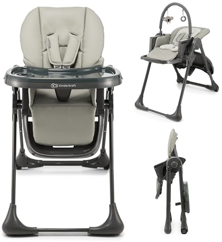Kinderkraft Tummie, 2-in-1 high Chair, Baby Chair, Bouncer, Ergonomic, Comfortable, Reclining, Foldable, with Ajustable Height, Footrest, Detachable Tray, for Toddler, with Toys, Gray