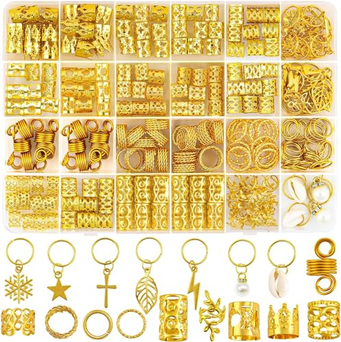DTYDECLE 245 Stück Goldene Haarschmuck für Zöpfe, Verstellbar Metallene Haar Geflecht Ringe Cuffs Haarspiralen Clips Haarschmuck für Dreadlocks für Männer Frauen Mädchen und Jungen Zöpfe