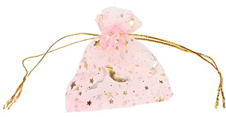 Glomora 100 Stück Mondstern-Organzabeutel Mit Kordelzug, Transparente Rosa Geschenkbeutel Mit Goldenem Mondstern-Design Für Party, Weihnachten Und Festivals