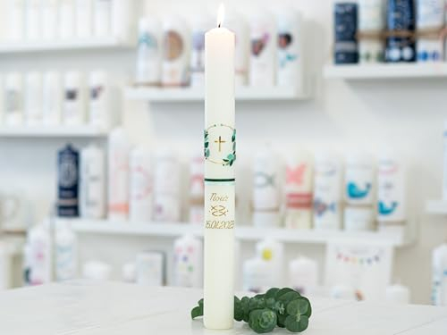 meinkerzenshop Kommunionkerze Nour personalisiert mit Name und Datum, individuell und mit Echtwachs handverziert für Junge und Mädchen