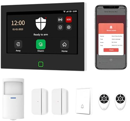 Mengshen WiFi Alarm System, Wireless DIY Smart Kit Include 7 Large Touch Screen Motion Detector Door Open Sensor Doorbell Remote with Phone APP Alert for Home House Apartment