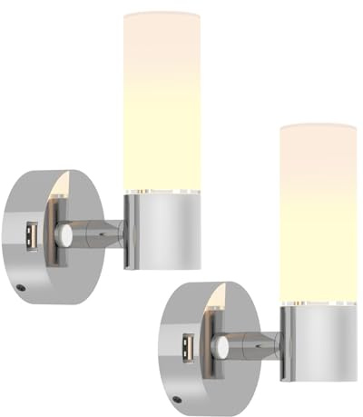 acegoo Husbil 12V LED-läslampa, svängbar vägglampa för säng med hög hastighet USB-laddare, frostad akryllampskärm och tryckdimmerströmbrytare, Krom DC 12-24V trådbunden (2PCS)