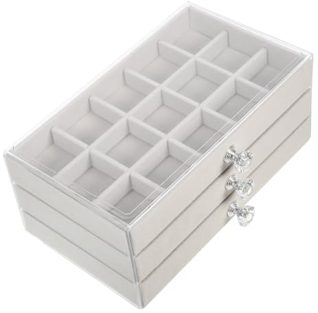 KOMBIUDA Schmuckkästchen mit 45 Fächern, Transparenter Deckel, Beige