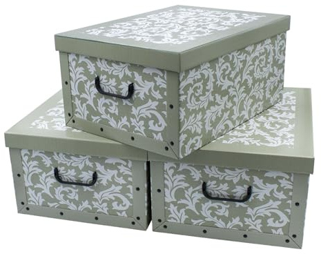 Juego de 3 Cajas de Almacenamiento Con Tapa, 51 x 37 cm, Barroco en Color Verde Oliva, Apilable de Cartón Con Asas, 45 Litros, Organizador, Caja de Regalo