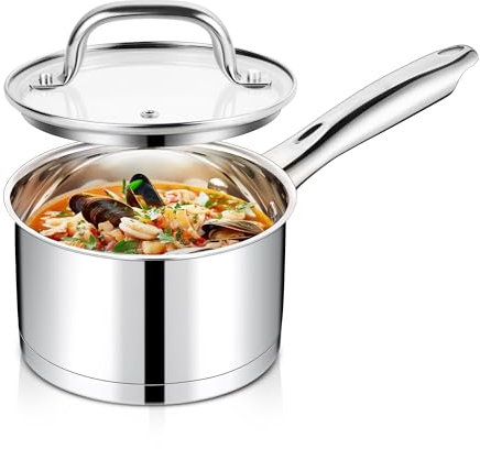 Joyfair Casseruola a 3 strati, 14 cm, con coperchio in vetro, 1 litro, in acciaio inox, piccola pentola per cucinare/riscaldare/ebollizione, pentola a induzione per tutti i piani cottura, lavabile in