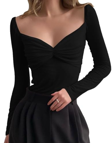 EMOTTOS Sexy Tencel Chiffon Tops, Slim Fit Mujeres Ruched Sheer Malla de Manga Larga, Cuello en V Ver a través de Camisas para Las Mujeres, Top Sexy Femenino (Negro/Blanco, S-L)