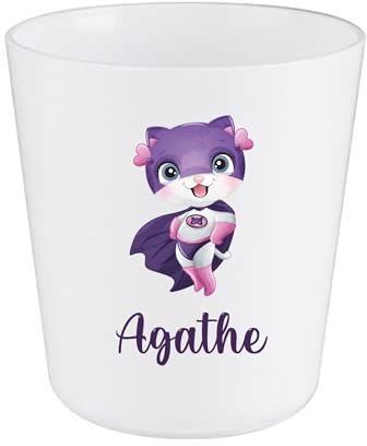 Gobelet Enfant Personnalisé Chat Super-Héroïne – Gobelet Incassable 230ml Sans BPA – Tasse Prénom Fille École ou Crèche – Cadeau Rentrée Scolaire Original