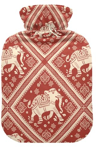 Hot Water Bottle with Cover, Indian Elephant 1L Leakproof Hot Water Bag for Hand Feet Warmer, Neck, Shoulder, Back, Muscle Pain Relief, Cold Compress