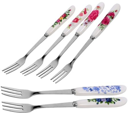 Cabilock Ceramic Handle Dessert Fork Set 6pcs Stainless Steel Small Cake Forks Portable Multi-Function Wear-Resistant for Party and Dessert Supplies