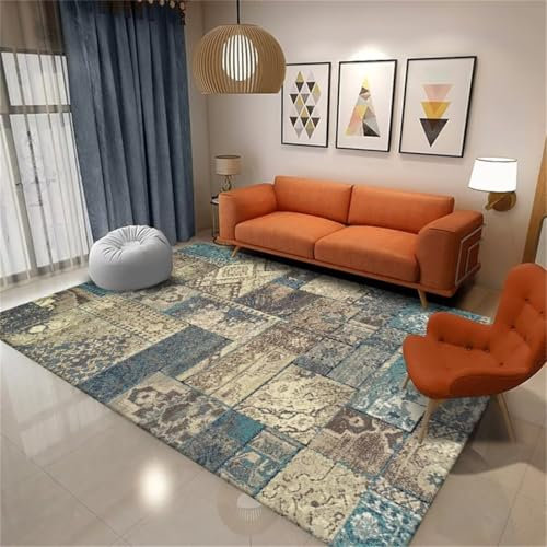 AITROMNI Bettumrandung Teppich Rutschfester Blau Fuzzy Druck Klassisch Haus Wohnzimmer Interieur Fleckenbeständig Läufer Schlafzimmer 170X240CM