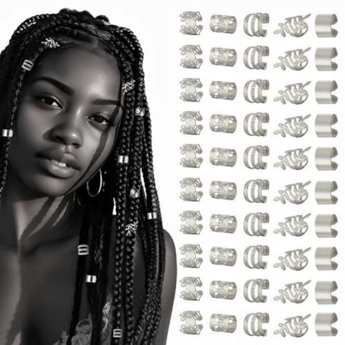 Haarschmuck für Zöpfe,50 PCS Haarschmuck für Dreadlocks Verstellbar Metall Cuffs Haar Flecht Ringe Haarspiralen Clips Dreadlocks Zubehör Silber für Frauen Männer Zöpfe Dekoration