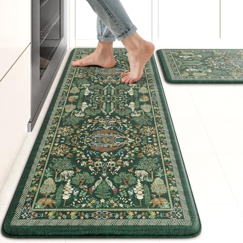 KIMODE Küchenmatten, gepolstert, Anti-Ermüdung, 43,2 x 119,4 cm + 43,2 x 73,7 cm, Bauernhaus-Küchenmatten für Boden, 2-teilig, grün, gepolstert, rutschfest, Stehmatte für Waschküche, Büro, Waschbecken