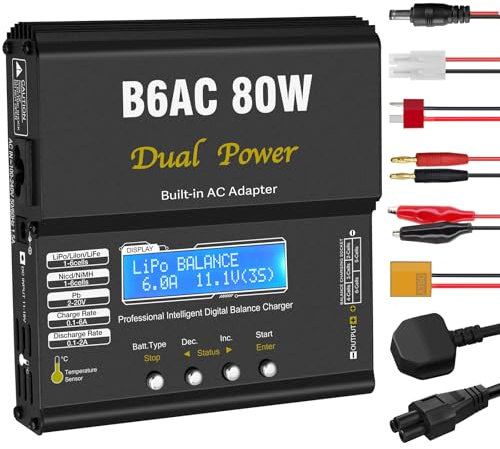 HTRC B6AC 6A LiPo Ladegerät Balancer 80W RC Akku Ladegerät für LiPo/Li-Ion/LiFe (1-6S), NiMH/NiCd (1-15S), PB (2-20V), LED-Display, 5 Speicherprofile, Metallgehäuse, XT60/T-Stecker/Tamiya/Krokoklemmen