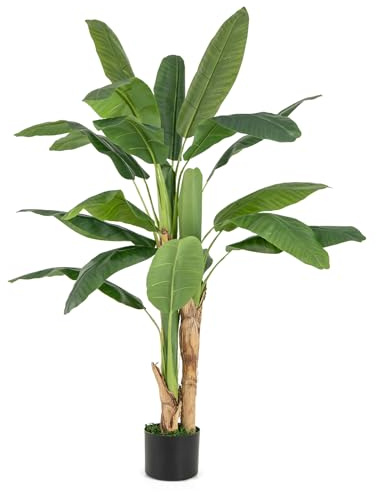 COSTWAY 160 cm konstgjord växt tropisk palm, konstgjord paradisfågel växt, inomhusväxt med robust kruka och 18 blad, bananträd för trädgård kontor rum, grön