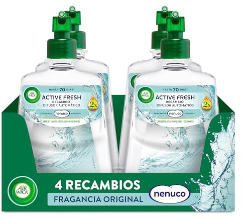 Air Wick Active Fresh Spray Automatico Sin Aerosol - Ambientador para casa con aroma a Nenuco - Pack de 4 Recambios (228mlx4)