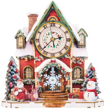 Lilcubics 3D Christmas House Puzzle Clock - Wooden Model Kit for Adults, Santa Pendulum Wall Clock with Silent Movement, Festive Home Decor & STEM Gift for DIY Enthusiasts, Christmas Decorations Gifts