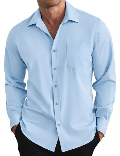 COOFANDY Camisa Hombre Casual Camisas Manga Larga Elástica Lisa con Bolsillo Camisas Formal Shirt Traje Camisa de Negocios Azul Claro L