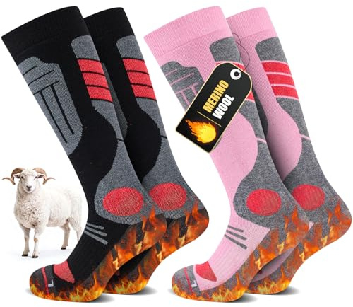 SukModen 2 Par Skisockar i Merinovilla För Damer Och Herrar, Värmande ull Termosockar Tjocka Vintersockar För Kallt Väder, Snö, Skidåkning, Snowboard, Jakt, Vandring​
