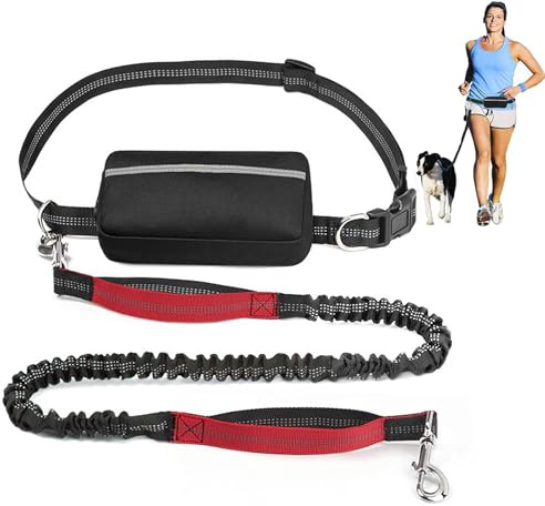 Joggingkoppel hundar med midjebälte, hundkoppel, midjeremmen hundkoppel, reflekterande elastiskt midjebälte hundkoppel med dubbla handtag för promenader vandring jogging (röd)