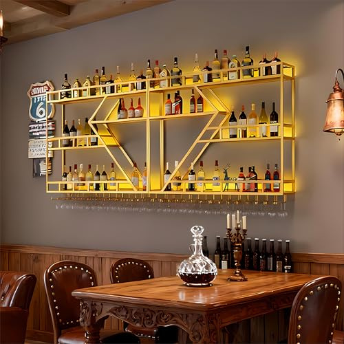 KEPMOGOH Wall Mounted Wine Rack, Diamond Shaped Bar Shelves with Wine Glass Holder, Metal Wine Bottle Holder, Liquor Shelf Wine Storage Rack for Home Restaurant Bars Decor (Gold, 3 Tier, 200CM)