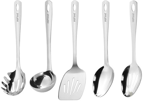 Set d'Ustensiles de Cuisine en Acier Inoxydable, Set de 5 Pièces, Gadgets de Cuisine Durables, Louche, Spatule à Fentes, Cuillère de Service à Fentes, Cuillère de Service Solide, Fourchette à Pâtes