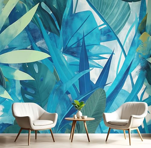 Carta Da Parati 150X105Cm Foglie Ad Acquerello Fotomurali Seta Murale Alla Decorazione Da Muro Xxl Poster Cameretta Per Camera Da Letto Soggiorno Giungla Astratta 3D Pittura Blu-Verde