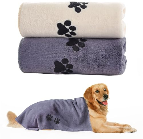 LUVDECO 2 Pack 35x75cm Quick Dry Large Dog Towel, Grey & White Ultra Absorbent Microfibre Pet Towel for Drying After Bath, Swim, Travel