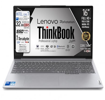 Lenovo, Notebook portatile, Core 7 240H (SERIES 2), 5,2GHz, Ram DDR5 32Gb, Display 16 IPS WUXGA FHD+, SSD 1Tb (512Gb x 2), Wi-Fi 7, Bt, 2 display port, Tastiera qwerty, fingeprint, Ready to Use
