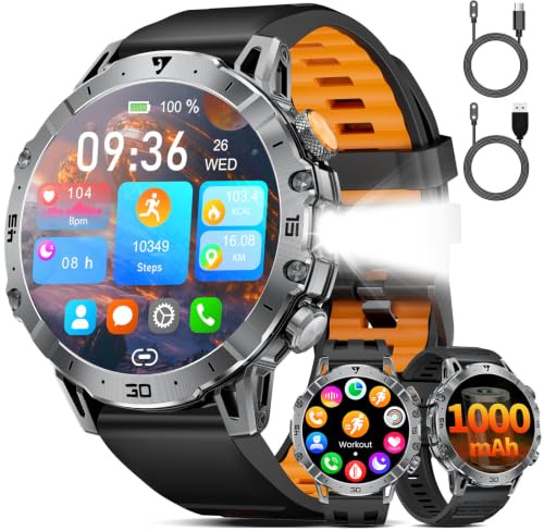 SUNKTA Smart Watch Men 1000 mAh Large Battery 1.7 HD Bluetooth Smartwatch for iOS Android with LED Flashlight Fitness Tracker,Heart Rate/Sleep Monitor/Pedometer,3 Straps, 2 Chargers,Black