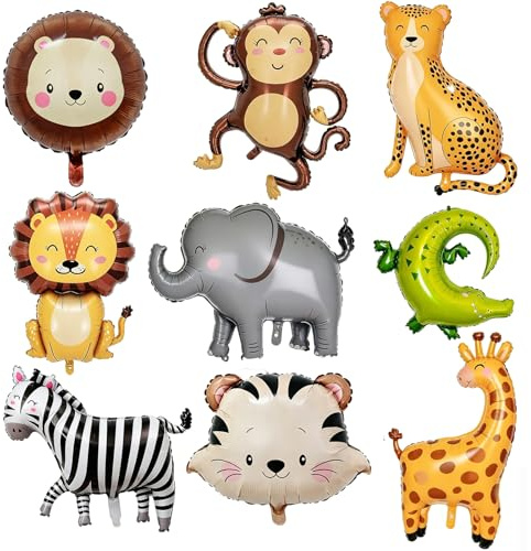 9-Piece Jungle Safari Animal Balloons Set with Giant Lion and Tiger Heads, Reusable Foil Mylar Balloons for Wild One Birthday Decorations and Jungle Theme Party Supplies