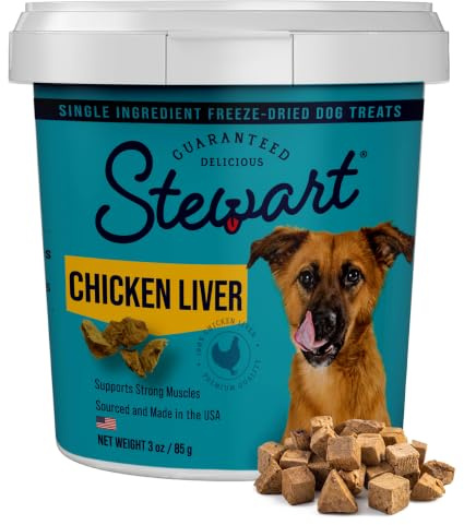 Stewart Enkel ingrediens frystorkade råa hundgodis, kycklinglever, 85 g, ca. 55 stycken per återförslutningsbart badkar, träningsgodis eller måltider, hög protein, kornfri, glutenfri