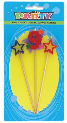 Unique Party Supplies 34049 Stern-Geburtstagskerzen - Zahl 9 - 3er Satz