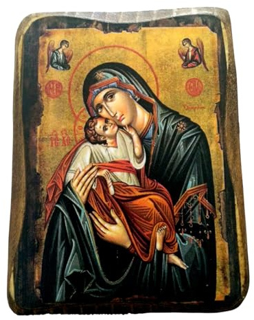 Iconsgr Wooden Greek Christian Orthodox Wood Icon of Virgin Mary ans Jesus Christ / A0