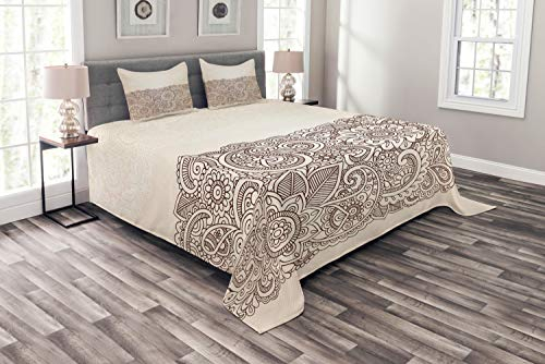 ABAKUHAUS Henna Tagesdecke Set, Mandala-Paisley-Muster, Set mit Kissenbezügen Waschbar, für Doppelbetten 220 x 220 cm,Tan