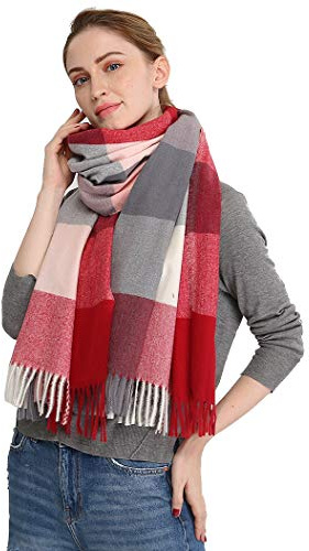 Longwu Bufanda de lana de cachemira suave para mujer Manta y envoltura de pashmina grande Manta de estola cálida Vino rojo#