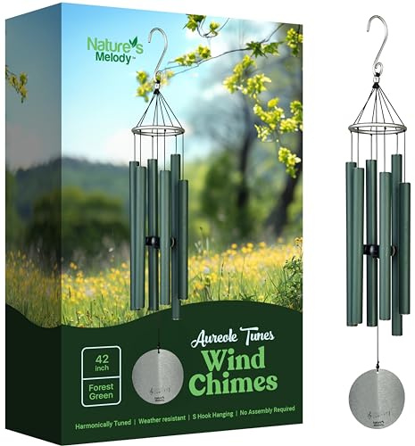 Nature's Melody Aureole Tunes Windspiel, Outdoor-Windspiel mit 6 Röhren, in C-Pentatonik gestimmt, 100% rostfreies Aluminium, Pulver-Finish und S-Hakenaufhänger für Trauer, Andenken oder Zen-Garten