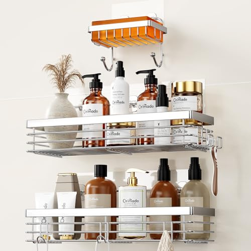 Orimade Estante Adhesivo para Jabonera con 5 Ganchos Organizador de Baño Estante de Almacenamiento de Cocina Montado en la Pared Sin Perforación de Acero Inoxidable - Paquete de 3