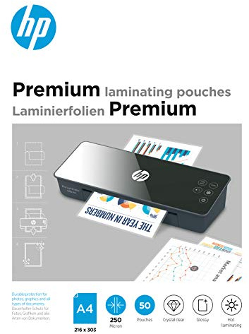 HP Premium Laminierfolien, DIN A4, 250 Micron, glänzend, transparent, zum Heißlaminieren, 50 Stück