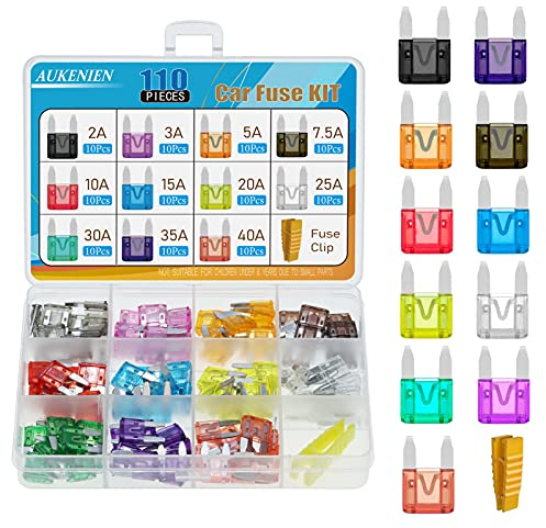 AUKENIEN 110 Stück KFZ Sicherungen Mini Flachsicherungen Stecksicherungen PKW Flachstecksicherung Autosicherungen Set Gemischt 2A 3A 5A 7.5A 10A 15A 20A 25A 30A 35A 40A mit 1 Stück Sicherungszieher